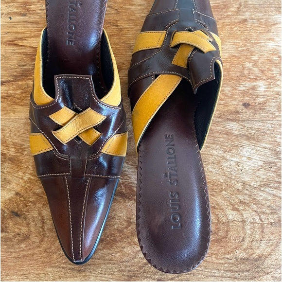 LOUIS STALLONE Brown & Gold Leather Mule Slide Heels Woman’s Sz 39 ITALY NEW! - Picture 10 of 11